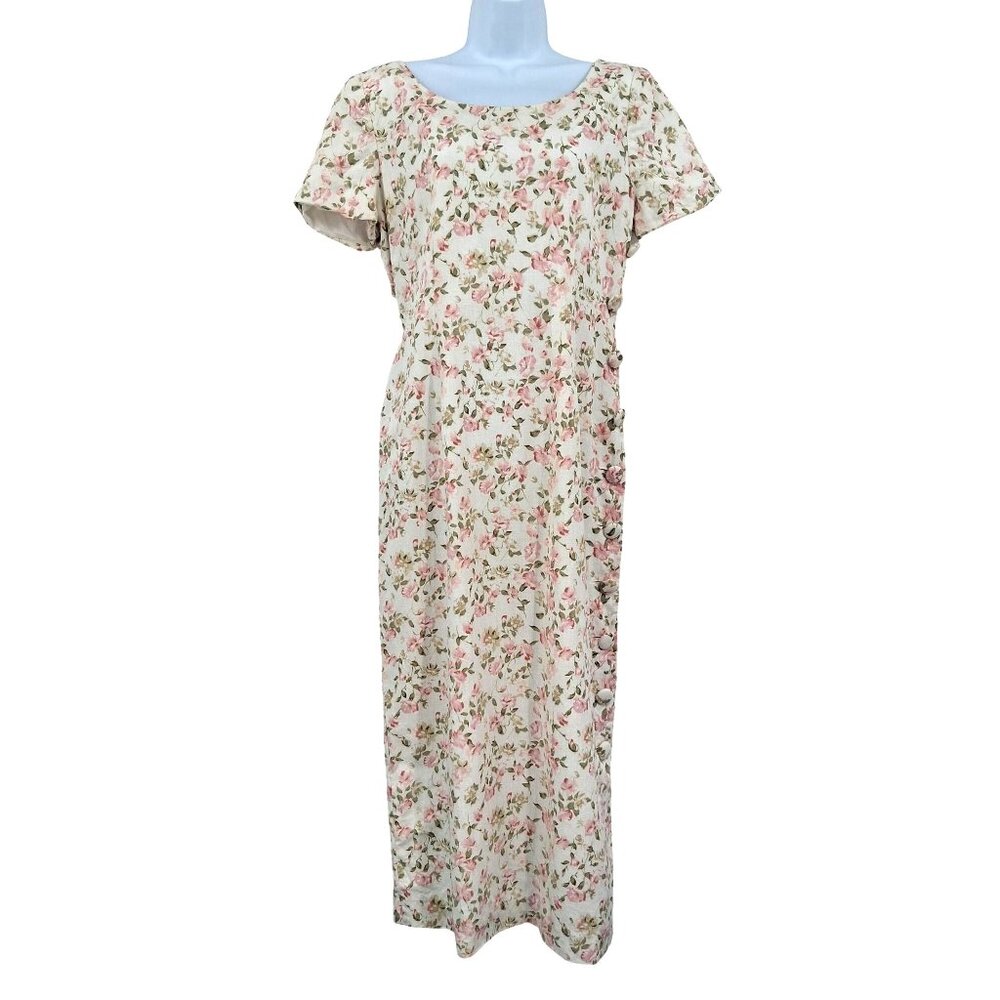 Vintage Maggy London Floral Dress Size 10 Linen Blend Cottagecore Retro